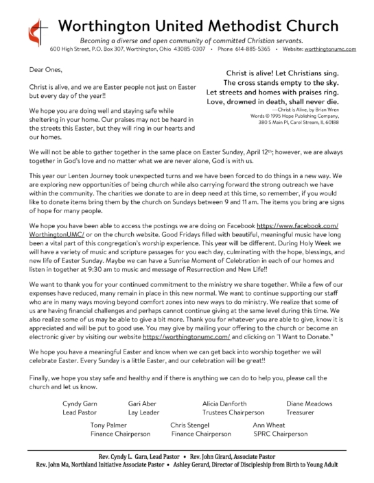 Easter Letter 2020 - Worthington United Methodist Church